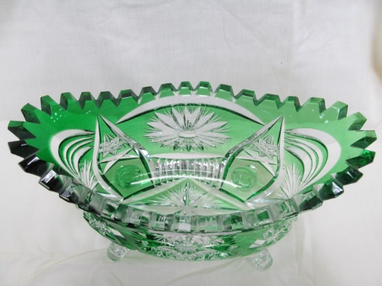 GREEN CUT TO CLEAR CRYSTAL FOOTED DISH