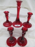 5 PC. RED GLASS CANDLESTICK HOLDERS