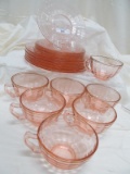 17 PC. PINK DEPRESSION GLASS ONE PLATE HAS CHIP SEE PHOTOS