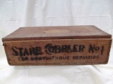 STAR COBBLER # 1 ANTIQUE WOODEN BOX WITH LID &SHOE ADVERTISEMENT note: hinge is broken