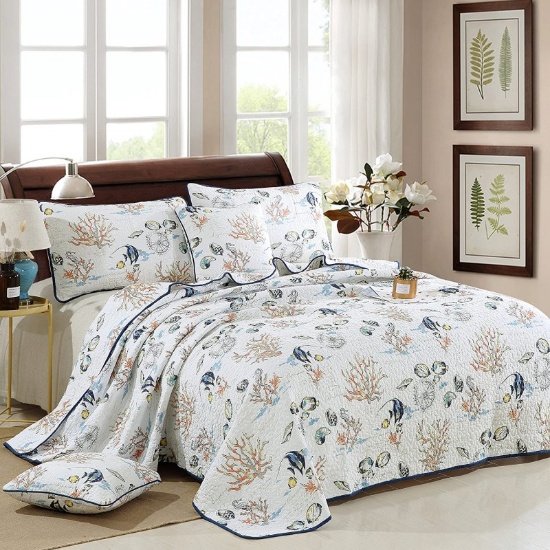 YAYIDAY Cotton Bedspread Quilt Set Queen/Full Size Summer Bedding - Breathable Bed Blanket Marine Th