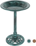  Rustic Pedestal Bird Bath Accent for Garden, Yard w/Fleur-de-Lis Accents Green