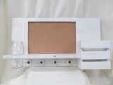 WHITE SHELF WITH CORKBOARD AND VASE