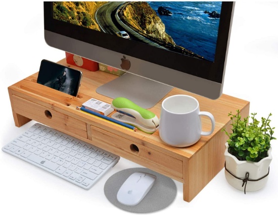 Computer Monitor Stand with Drawers - Wood TV Screen Printer Riser 22.05L 10.60W 4.70H inch, Desk Or