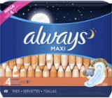 Always Maxi Size 4 Overnight Pads with Flexi-Wings Flexible Wings, Unscented, 48 Count