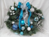BLUE AND WHITE CHRISTMAS WREATH BATTERY OPERATED LIGHTS