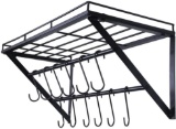 OROPY Wall Mounted Pot Rack Storage Shelf with 2 Tier Hanging Rails 12 S Hooks included, Ideal for P