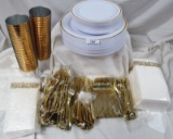 MISC GOLD PLASTIC DINNER WARE ( 42 DINNER PLATES 38 SANDWICH PLATES 2 PACKAGES OF NAPKINS 43 FORKS 4