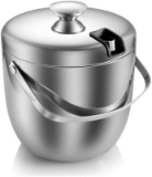 Ice Bucket Insulated Double Stainless Steel Walled Ice Bucket with Lid and Ice Tongs -2.8L-Silver