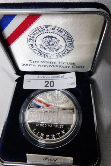 1992 WHITE HOUSE 200th ANNIVERSARY SILVER DOLLAR ~ PROOF ~ PRESENTATION BOX ~ COA