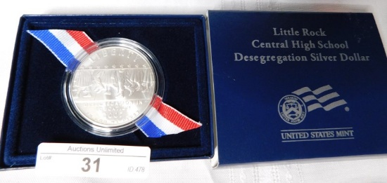 2007 LITTLE ROCK CENTRAL HIGH SCHOOL DESEGREGATION SILVER DOLLAR ~ UNCIRCULATED ~ PRESENTATION BOX ~