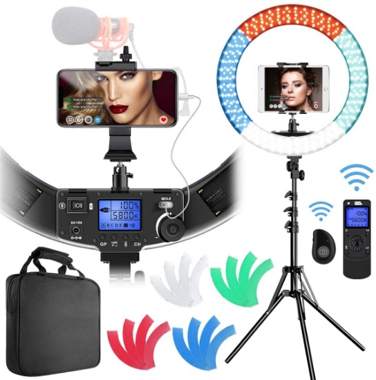 Ring Light with Stand  Pixel 19 inch Light Ring with Wireless Remote and iPad Holder  Bi-Color 60W 3