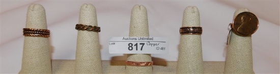 LOT OF 5 COPPER RINGS VARIOUS SIZES