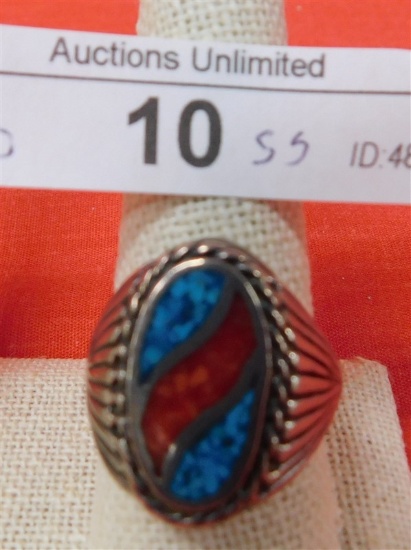 STERLING SILVER AND TURQUOISE CORAL RING SIZE 10