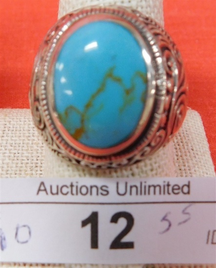 STERLING SILVER FILIGREE TURQUOISE RING  SIZE 10