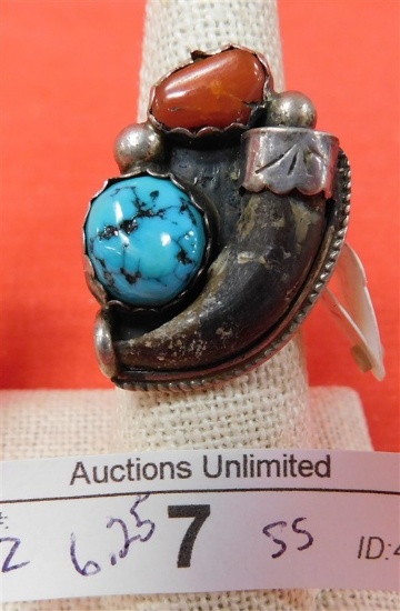 STERLING SILVER AND TURQUOISE CORAL RING SIZE 6.25