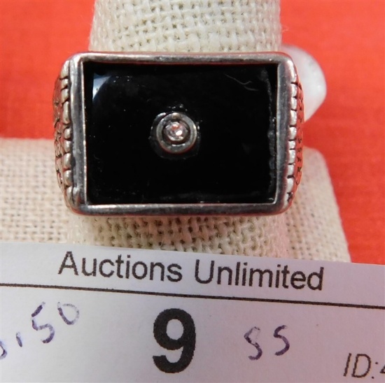ONYX AND DIAMOND STERLING MEN'S RING  10.5