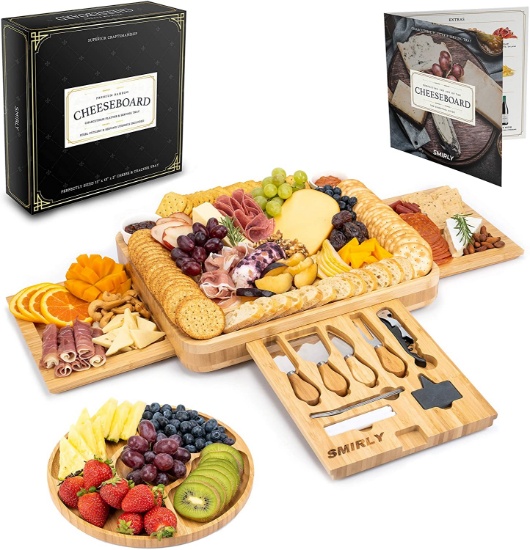 Smirly Cheese Board and Knife Set: 16 x 13 x 2 Inch Wood Charcuterie Platter for Wine Cheese Meat