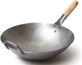 Wok Traditional Hand Hammered Carbon Steel Pow Wok with Wooden and Steel Helper Handle