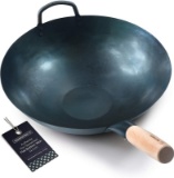 Pre Seasoned Blue Carbon Steel Flat Bottom Wok -14 Inch Chinese Pow Wok - Traditionally Hand Hammere