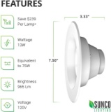  5/6 Inch LED Recessed Downlight, Baffle Trim, Dimmable, 13W=75W, 6000K Daylight Deluxe, 965 LM, Dam