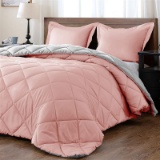 Lightweight Solid Comforter Set (King) with 2 Pillow Shams - 3-Piece Set - Pink and Grey - Down Alte