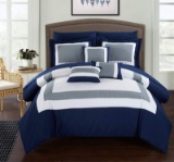 10 Piece Duke Patchwork Color Block Complete Queen Bed in a Bag Comforter Set Navy Sheets Included