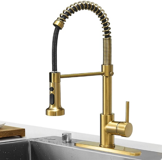 Brushed Gold Spring Kitchen Faucet with Pull Down Sprayer Rave Kitchen Sink Faucet 3 Function Single