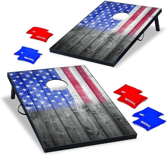 USA Flag Cornhole Outdoor Game Set  MDF Wood  2' x 3' Foot  Red/White/Blue