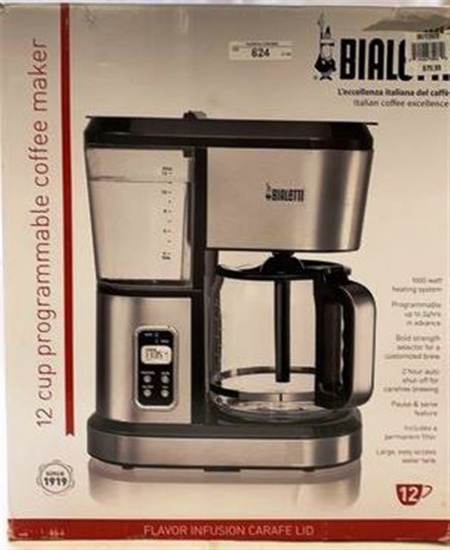 BIALETTI 12 CUP PROGRAMMABLE COFFEE MAKER FLAVOR INFUSION CARAFE LID - TESTED - NEW IN BOX