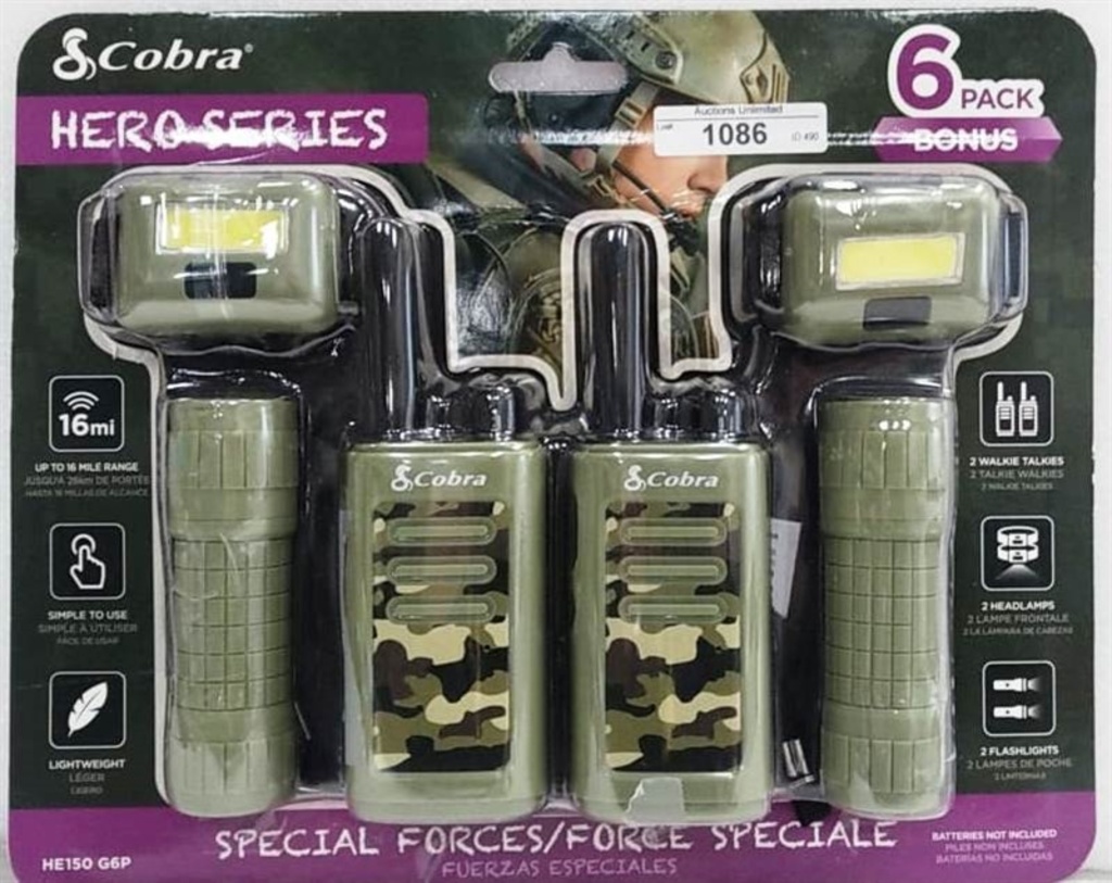Cobra Hero Series Special Forces Walkie Talkie 6 Piece Set ~ 2 Walkie  Talkies ~ 2 Headlamps ~ 2 Flas | Estate & Personal Property Personal  Property | Online Auctions | Proxibid