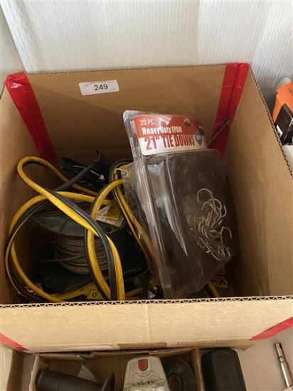 BOX OF JUMPER CABLES / WIRE / TIE DOWNS / ETC