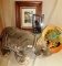 LARGE STUFFED PLUSH RHINO, BAMBOO TRAY, GLASS PAINTED RAMS, FRAMED EXOTIC AFRICAN ANIMALS BOOKPLATE