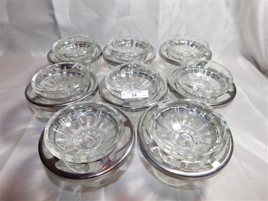 LOT OF 8 GLASS SHRIMP COCKTAIL BOWL SETS - 3 PIECES SETS