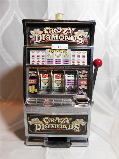 VINTAGE CRAZY DIAMONDS SLOT MACHINE BANK - OPERATES WHEN HANDLE IS PULLED - 15" TALL x 8.5" WIDE x 6