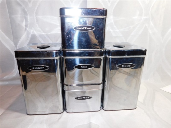 SET OF 5 VINTAGE STAINLESS STEEL KITCHEN CANISTERS - MASTERWARE - MADE IN U.S.A.