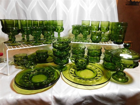 48 PIECES GREEN THUMBPRINT DEPRESSION GLASS