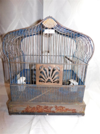 ANTIQUE CROWN BIRD CAGE - BLUE - 2 FEEDERS/WATERERS - 15.5" TALL x 13.5" WIDE x 9.5" DEEP