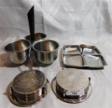 STAINLESS STEEL CONDIMENT DISHES & 2 SETS OF SILVER PLATE COASTERS