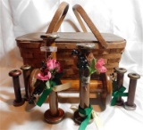 ANTIQUE PICNIC BASKET & ANTIQUE SPOOLS