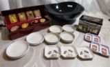 MISC. ORIENTAL LOT - BOWL - RECIPE BOX - 4 TINS OF CALENDAR GIRLS TEA - PORCELAIN TRAYS - MELAMINE T