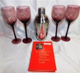 6 PIECE LOT - STAINLESS STEEL SHAKER - OLD MR. BOSTON BARTENDER'S GUIDE - 4 WINE GOBLETS