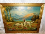 ANTIQUE FRAMED HUNTING DOG PRINT - BROKEN GLASS IN RIGHT CORNER - 22.75