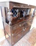 ANTIQUE KITCHEN SIDE BOARD W/ LEADED GLASS DOORS