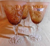 LOT OF 4 SMOKY TOPAZ ETCHED GOBLETS