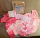 VINTAGE INFANT/BABY LOT- EMBROIDERED FRAMED PRAYER, SWEATER & BONNET, RECEIVING BLANKET, DRESS, FLEE