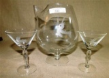 3 PIECE BRANDY/COGNAC SET, PITCHER & TWO MARTINI GLASSES, ENGRAVED ANTELOPE/GAZELLE