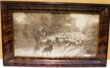 ANTIQUE TIGER WOOD FRAMED MAN HERDING SHEEP WITH DOG - 30.5