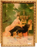 ANTIQUE GILDED FRAMED ART DECO TWO LADIES W/ BIRDCAGE - LITTLE GIRL W/ DOG ;- 25.5