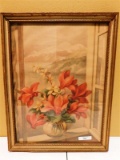 ANTIQUE FRAMED FLOWERS W/ MOUNTAINS IN BACKGROUND - 17.5